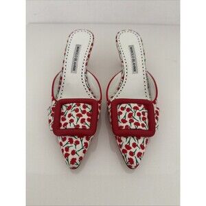 Manolo Blahnik Maysale Buckle Red Floral Pointy Toe Mule Kitten Heel EU 36.5 6.5